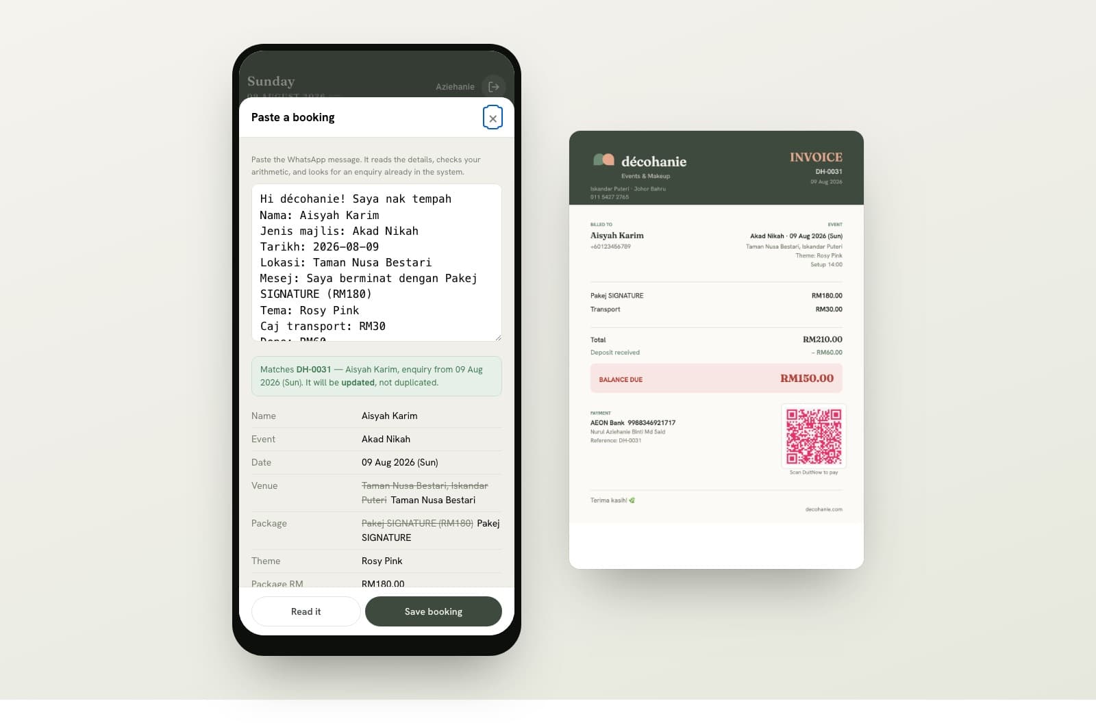 The paste screen reading a WhatsApp message, beside the invoice it produces