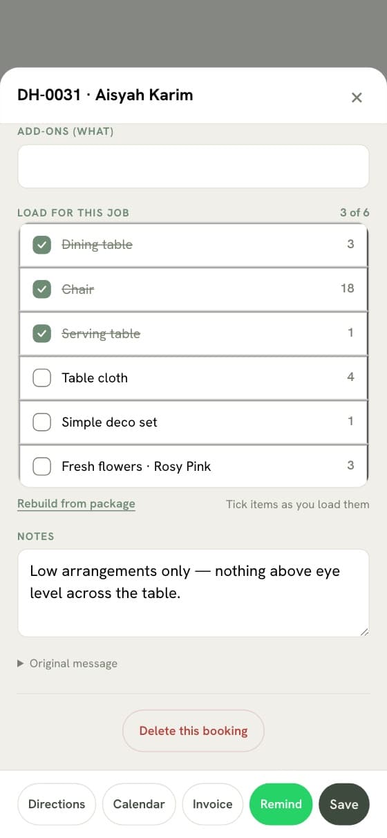 A booking showing its generated packing list with items ticked off
